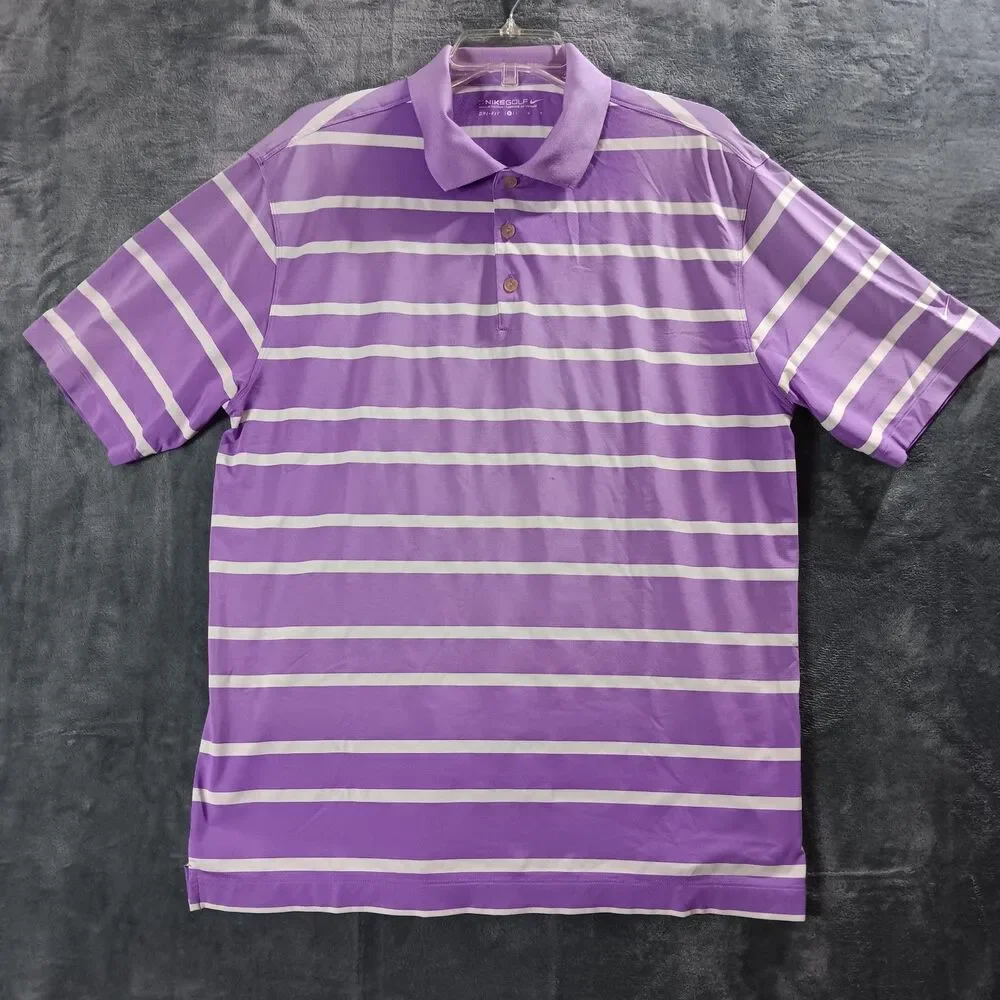Nike Golf Dri Fit Mens Large Polo Shirt Striped Purple White Performance Preppy